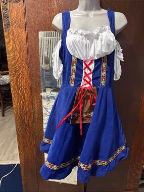 Velvet Oktoberfest Midi Dress with White Bodice and Red Lace-Up -